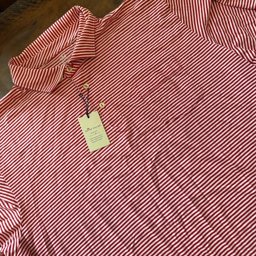 Peter Millar Polo Shirt Mens XL Red White Stripe Seaside Wash Pocket Jersey